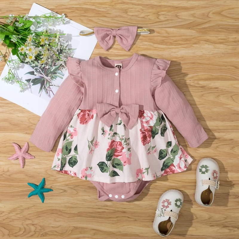 

Комбинезоны для новорожденных, летние детские комбинезоны с цветочным рисунком, кружевной комбинезон для девочек + повязка на голову, наряд...