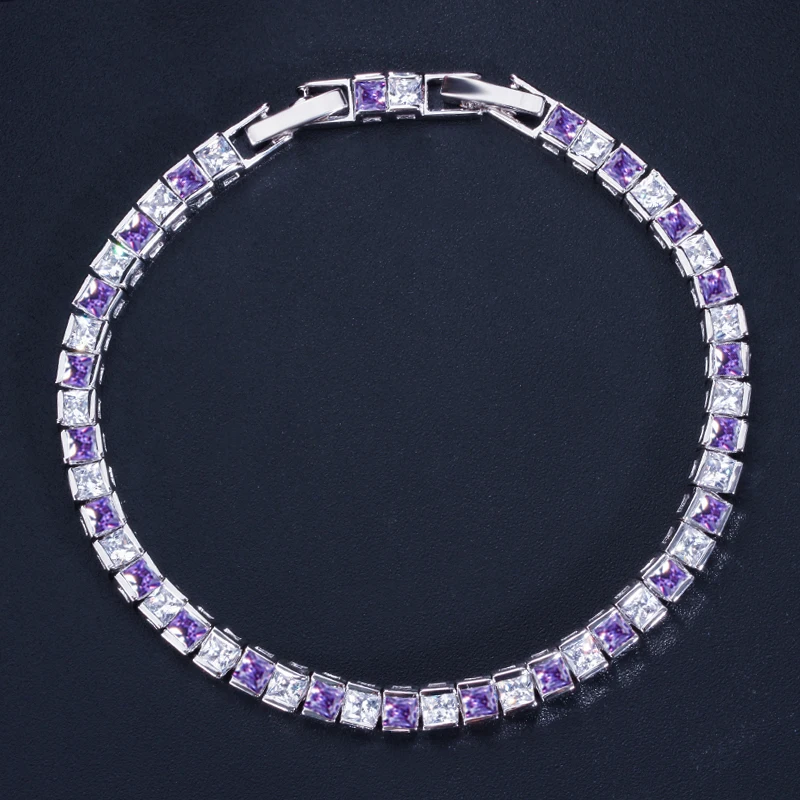 Purple BeaQueen Модные женские свадебные ювелирные изделия серебристого цвета 3 мм с квадратным вырезом, теннисные браслеты с кубическим цирконием B025 - Окраска металла: Purple