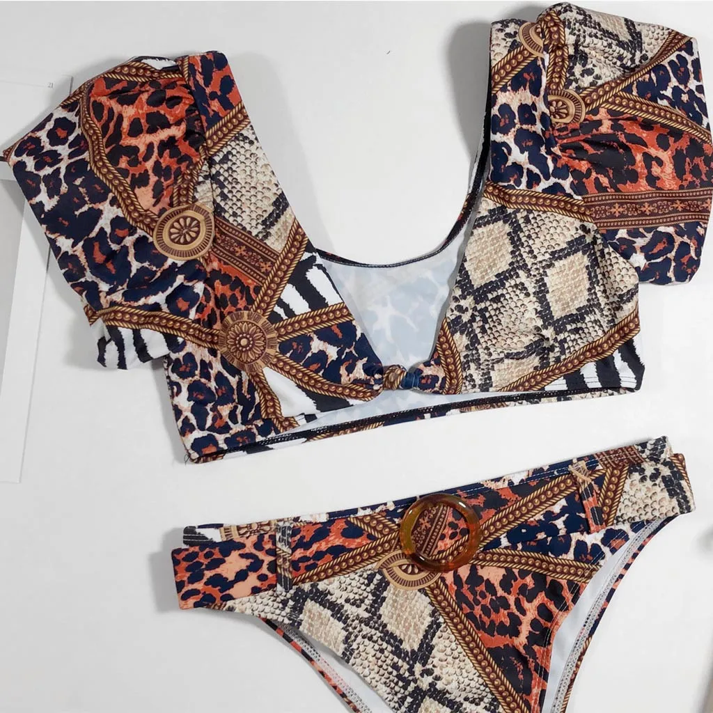 Новинка 2020 женский купальник змеиный принт v-образный вырез короткий рукав для