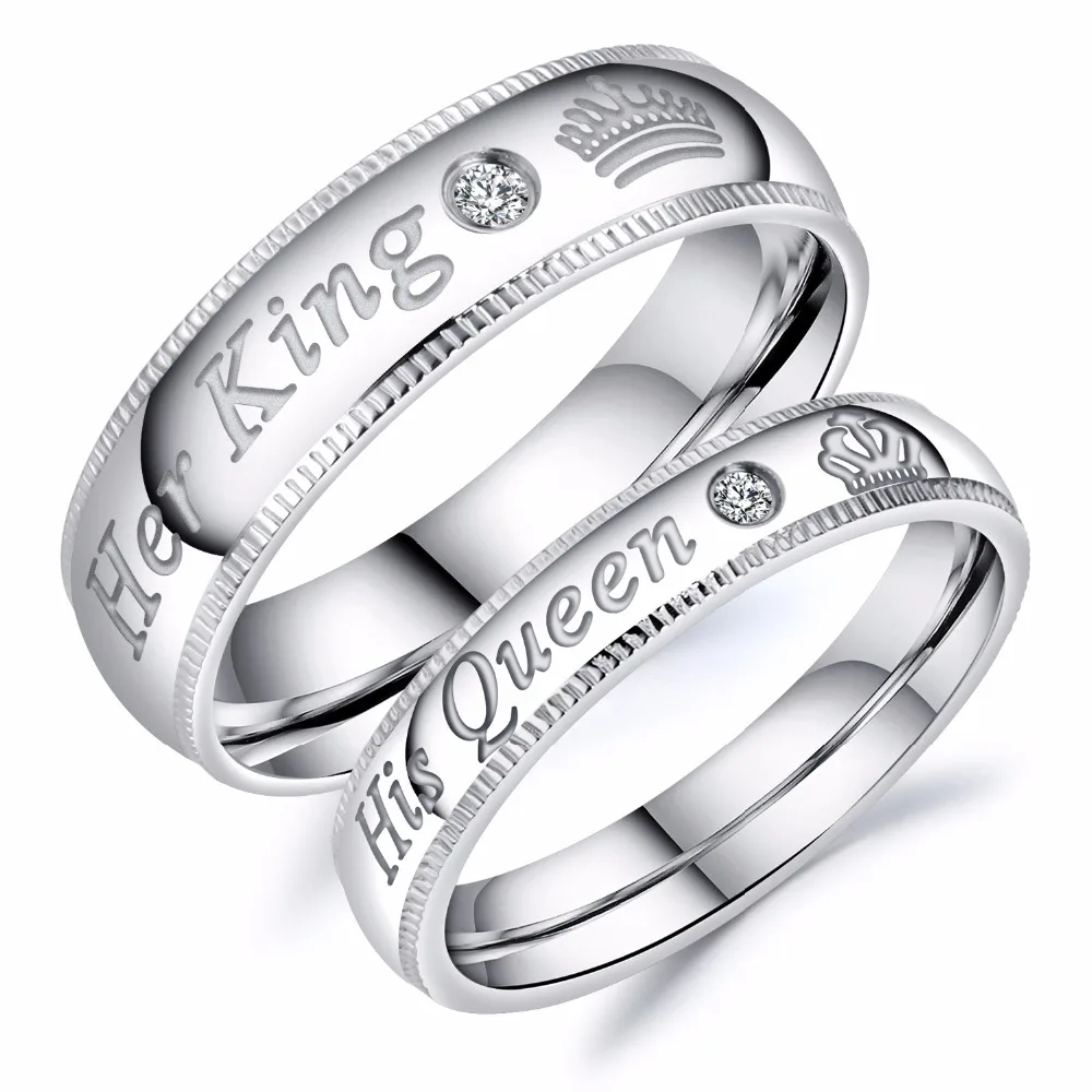 Valentines day gift Crystal Couple Ring her King his Queen lettering Ring wedding round rings Silver Color Jewelry women & men