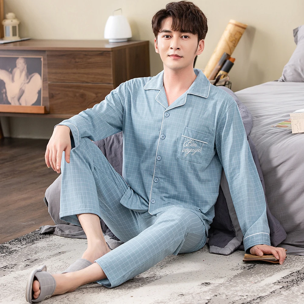 Spring autumn 100%Cotton Pajamas Sets For Men Plaid Sleepwear Suit Casual Home Clothes Pijamas Hombre Loungewear Plus Size 4XL