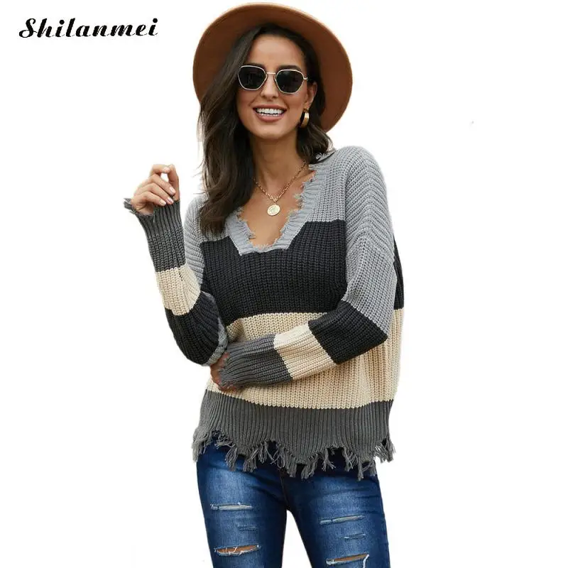 Свитер Женский вязаный с V-образным вырезом длинным рукавом | Женская одежда