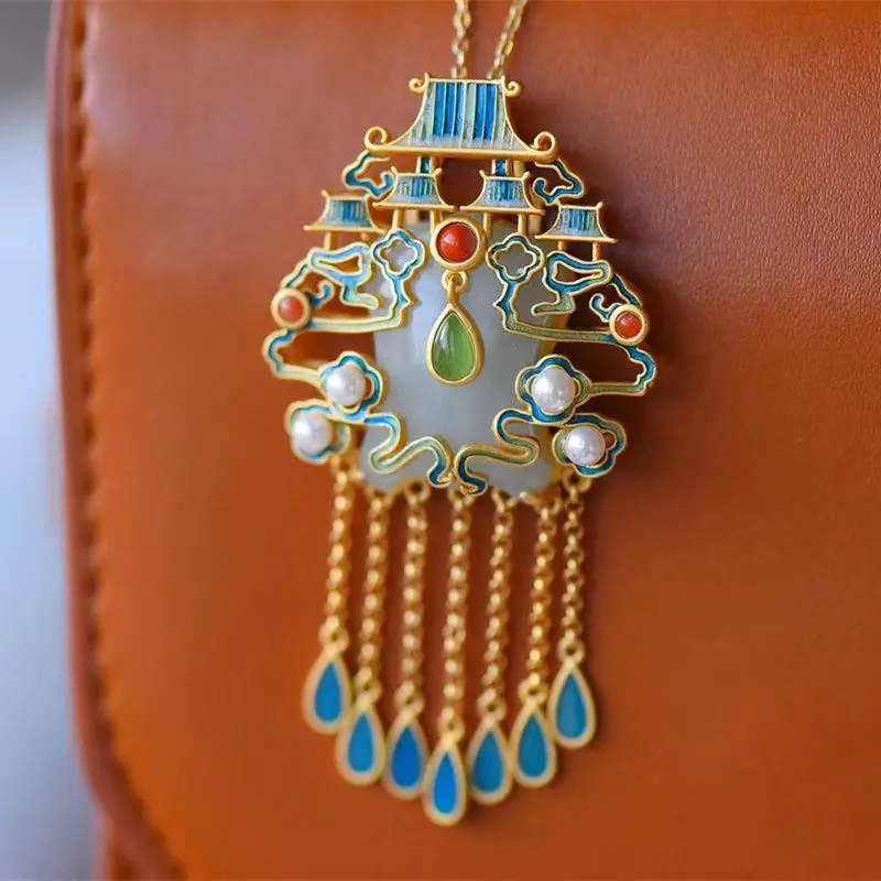 

Natural Hetian White Jade Jasper Nantianmen Pendant Sweater Chain S925 Whole Body Silver Roasted Blue Ancient Gold Craft