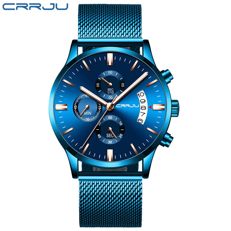 blue rose CRRJU новые мужские часы, мужские Модные брендовые роскошные часы из нержавеющей стали, синие кварцевые часы, мужские повседневные спортивные водонепроницаемые часы, Relojes - Цвет: blue rose