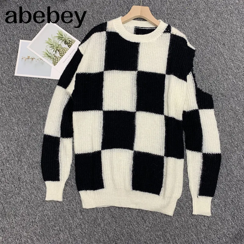 

Women Pullover Patchwork Loose Lantern Sleeve Simple Knitted Sweater Female Elegant All-match Trendy Oversize Streetwear Clothes
