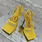 Женские босоножки на высоком каблуке, желтые сетчатые туфли-лодочки с квадратным носком, на шнуровке, с перекрестной шнуровкой, летняя Классическая обувь, 2021
