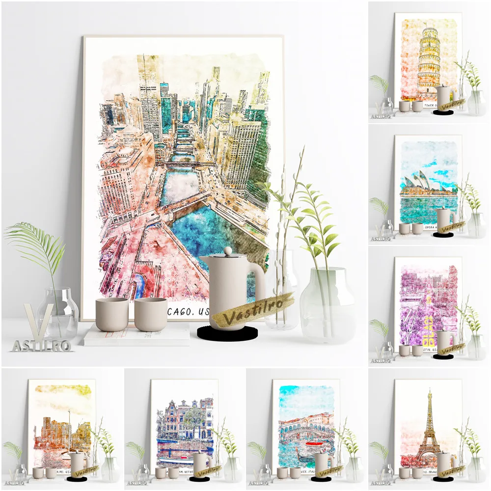 

Famous Tourist Attractions Poster World Travel Scenery Watercolor Print Canvas Painting Italian Pisa Australia Sydney Art Decor