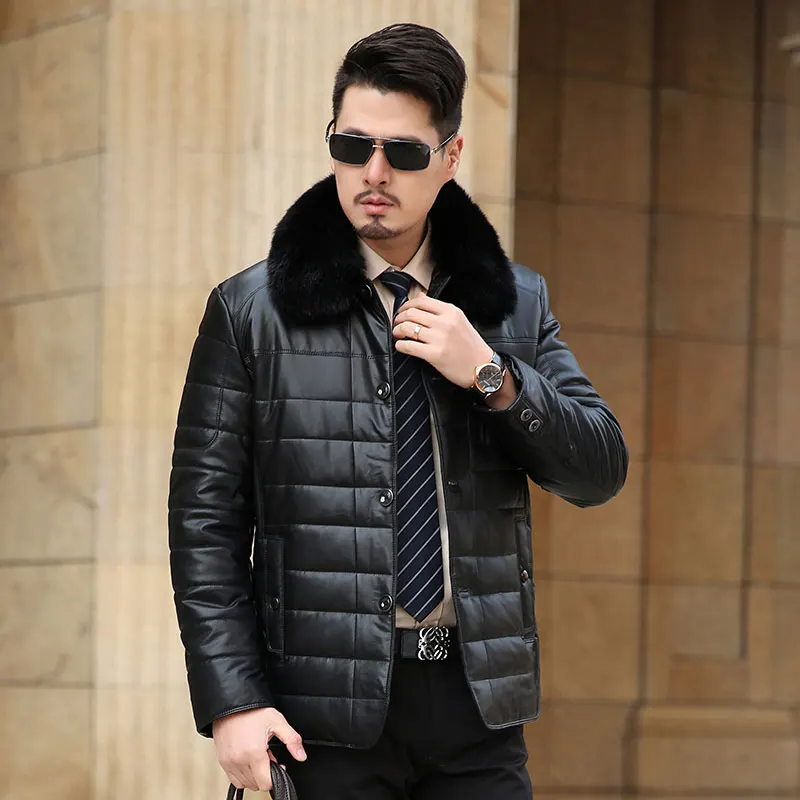 Кожаная мужская куртка зимняя флисовая тонкая парка с меховым воротником