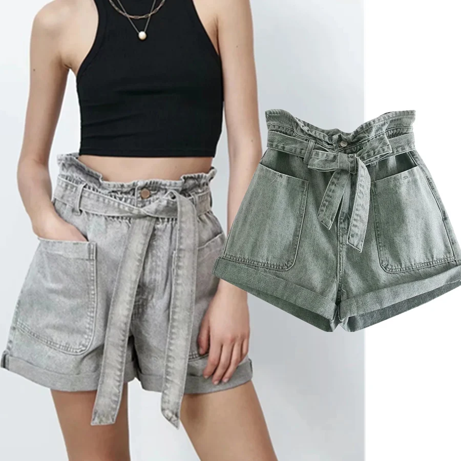 

Шорты женские джинсовые в стиле High Street с высокой талией и поясом