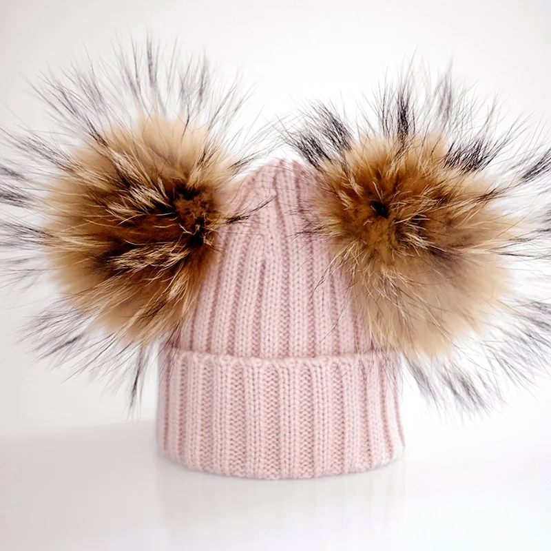 pink natural pom От 6 месяцев до 3 лет зимняя шапка с меховым помпоном для детей шерстяная вязаная шапочка шляпы для девочек - Цвет: pink natural pom