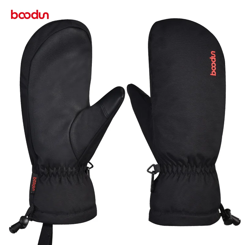 Boodun Men Women Winter Ski Gloves Windproof Waterproof Snow Snowboard Skiing Gloves Thermal Fleece Warm Gloves with PU Palm - Цвет: black