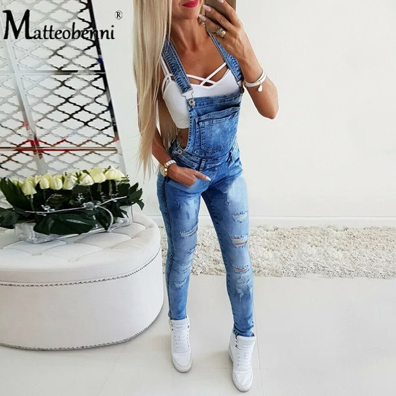 2020 женский модный рваный джинсовый комбинезон с карманами повседневный слитный