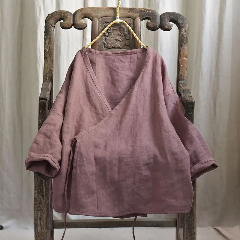 Женская рубашка осень весна хлопок лен длинный рукав v-образный вырез сплошной цвет винтажное пальто свободные женские топы YoYiKamomo