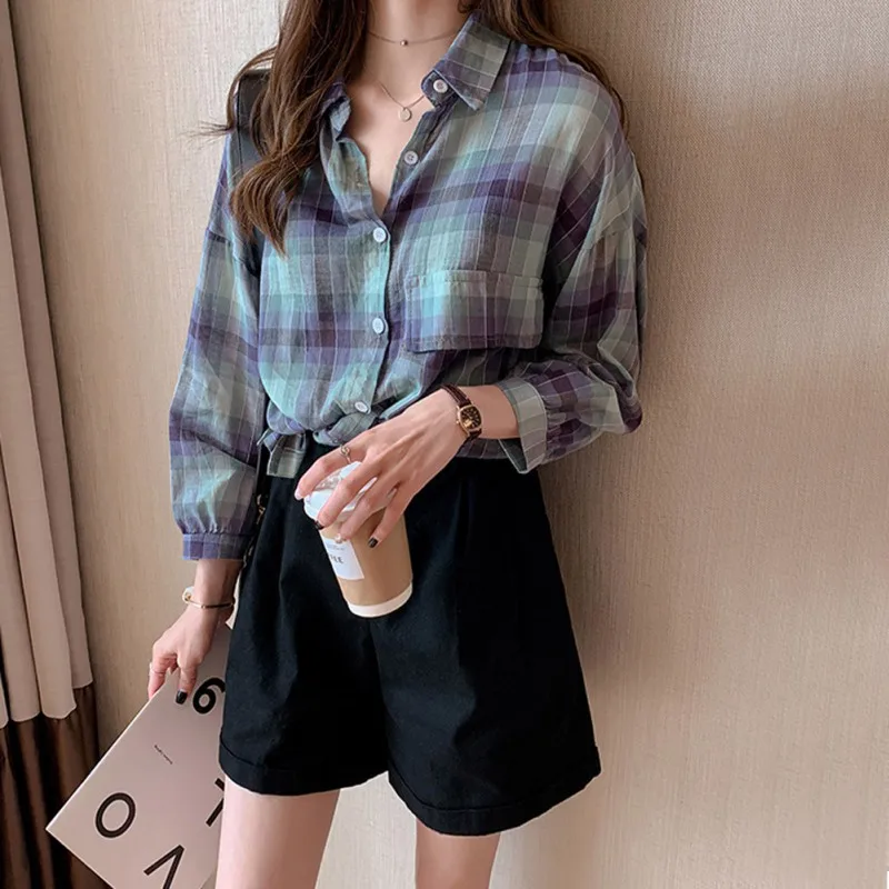 

Модная женская блузка в клетку, рубашка с отворотом и принтом, свободная блузка с длинным рукавом и защитой от солнца, повседневные свободны...