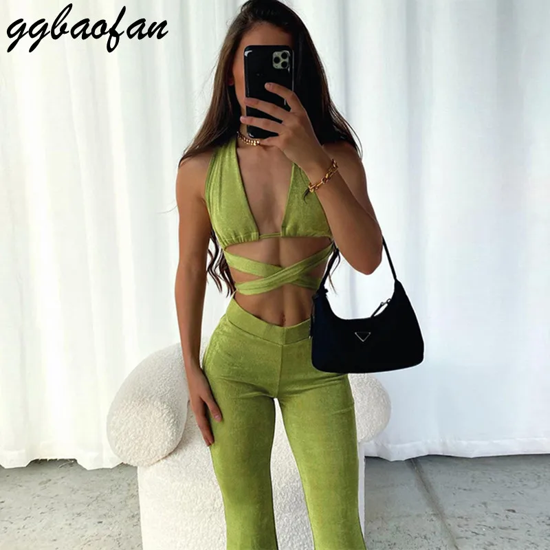 

Ggbaofan оранжевый модные Бандажное платье с низким вырезом на спине Топ и штаны, комплекты без рукавов для женщин пикантные комплект одежды дл...