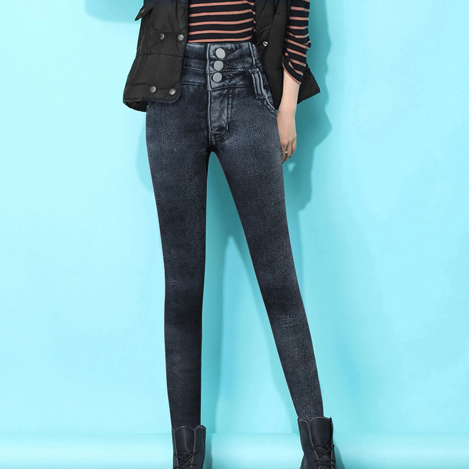 

Женские джинсовые брюки с имитацией денима, свободные утепленные прямые длинные брюки с высокой талией и плюшевой подкладкой, облегающие з...