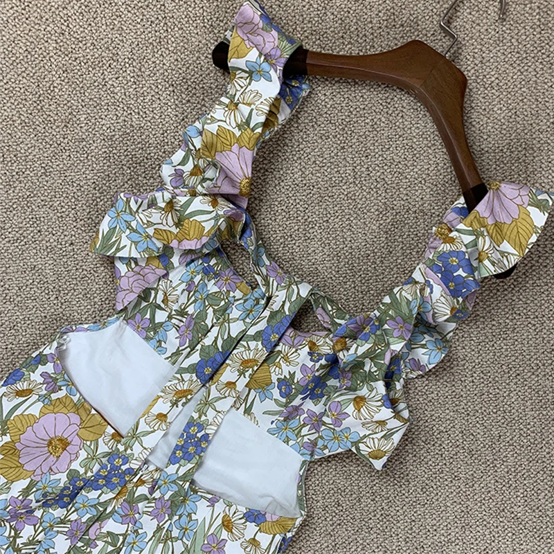 Sexy Vacation Square Collar Ruffled Backless Cotton Linen Print Dress |