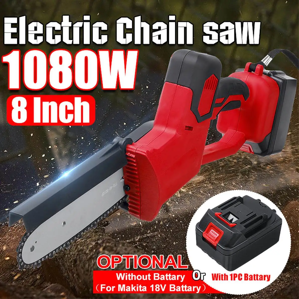 

1080W 8 Inch 1400rpm Electric Saws Chainsaw Handheld Garden Wood Cutting Tool with 1PC 3000mAh Battery Rechargeable For Makita