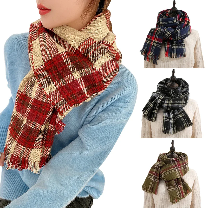 

Double-Sided Plaid Scarf Winter Christmas Scarves Tassel Cape Delicate Soft Cashmere Shawls Wraps Female Breathable Warm Scarf