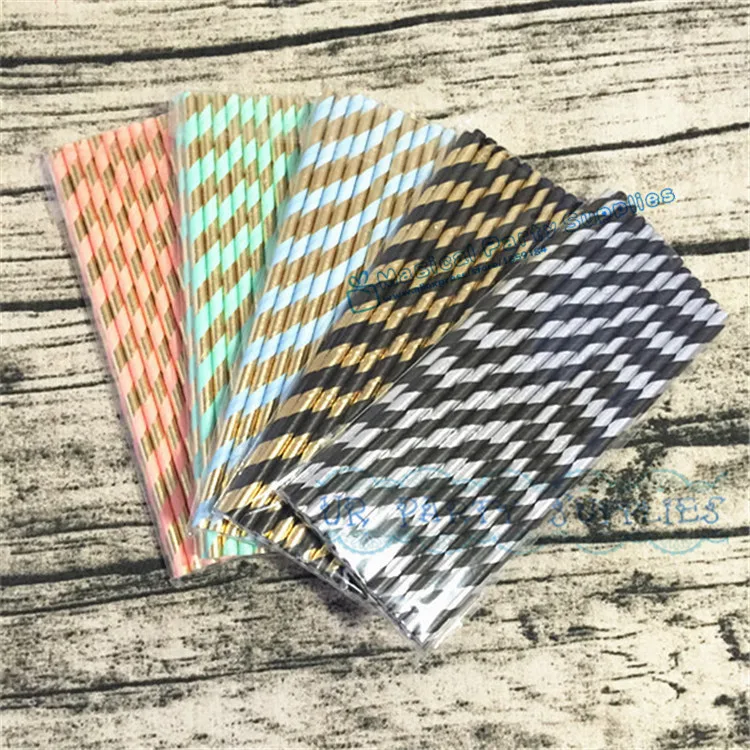 

Free Ship 1250pcs Colorful Metallic Gold Paper Straws Foil Gold/Silver/Pastel Blue/Pink Mint Candy Bar Party Baby Shower Wedding