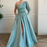 glamorous ice blue tull beads lace appliqued evening dress boat neck one shoulder back zipper prom gown a line vestido de novia