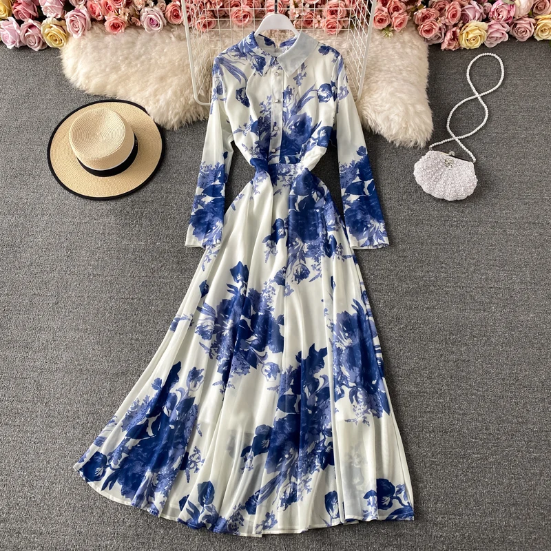 

Popular big swing shirt collar dress 2021 spring women new retro ink painting print temperament slim long dress elegant robe 141
