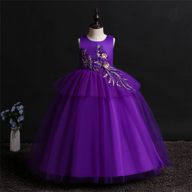 

Princess Dress Kids Long Flower Embroidery applique Dress Girls Pageant Children Formal Ball Gown Dresses Wedding Party 2020 New