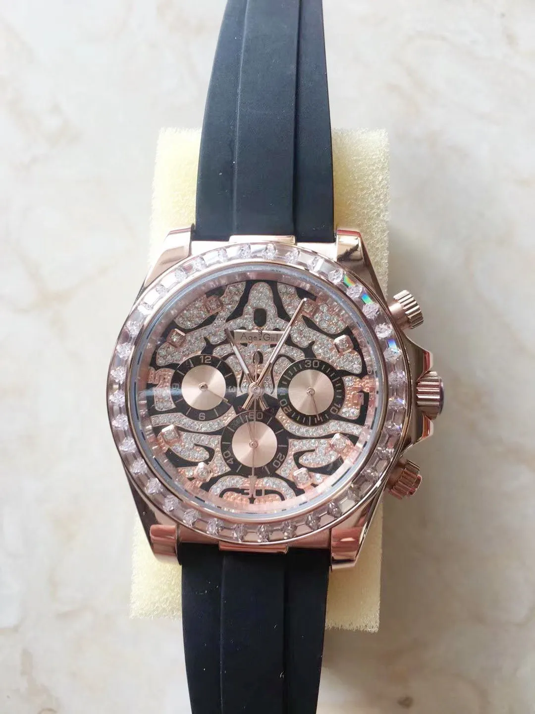 

Classic New Men Rose Gold Limited Edition 904L Stainless Steel Japanese Quartz Chronograph Sapphire Watch Black Rubber AAA+