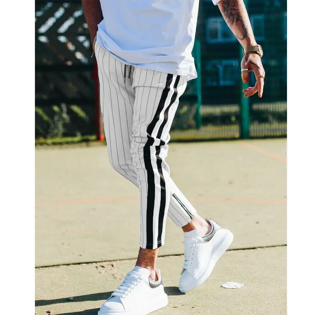 

Fashion Men England Style Striped Pants Male New Long Pencil Joggers Pants Casual Trousers Drawstring Side Stripe Slacks 2021