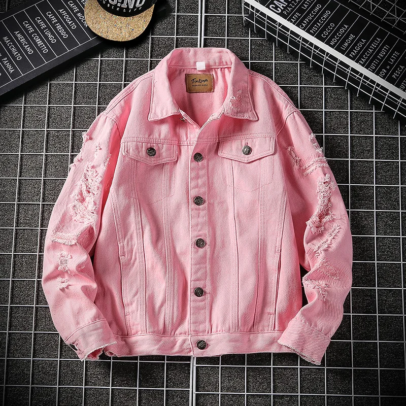 Джинсовая куртка с дырками однотонная Свободная Повседневная Уличная рваная из