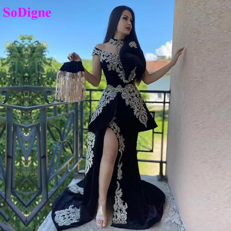 

SoDigne Evening Dress with Detachable Train Appliques Side Split Morocco Kaftan Velvet Mermaid Muslim Prom Dress Algerian Outfit