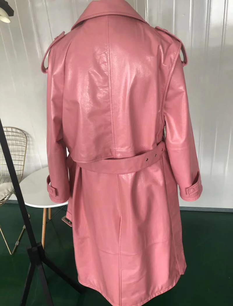 Длинное пальто для весны и осени новинка 2022 куртка из натуральной кожи розового