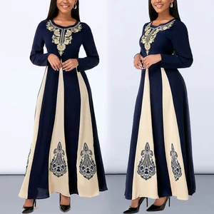 MISSJOY Women's Elegant Muslim Abaya Long Sleeve 2020 Islamic Patchwork Printed Round Neck Party Autumn Ankle Long Maxi Dress