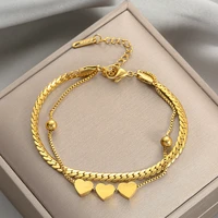 romantic heart stainless steel bracelet for women charm gold color snake chain layered bracelet jewelry girlfriend gift