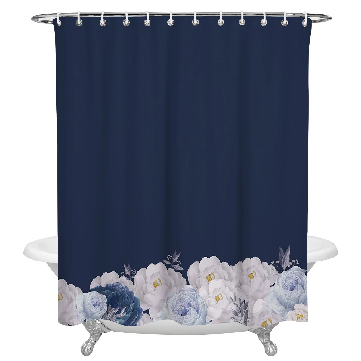 

Spring White Flower Blue Background Bathroom Shower Curtain Polyester Fabric Waterproof Shower Curtains with Hooks