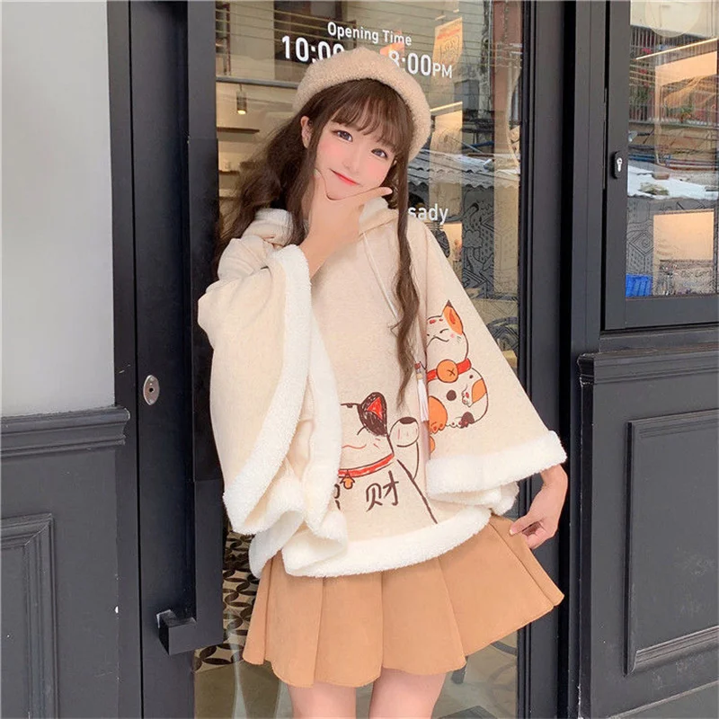 Autumn and Winter Cute Cat Ears Harajuku Trend Plus Velvet Thickened Student Lolita Female Japanese Soft Girl Warm Cloak Shawl