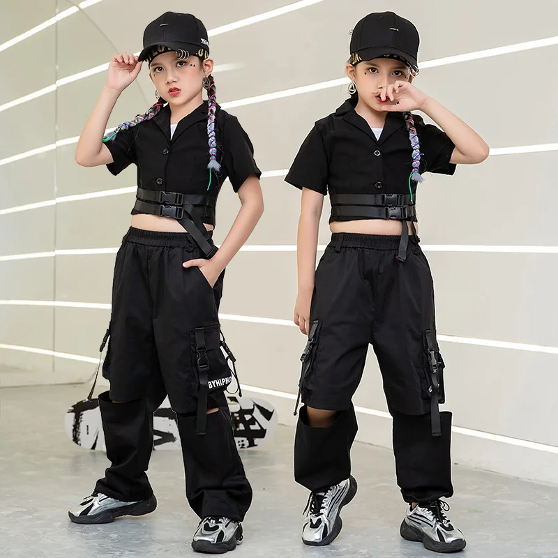 

Kid Kpop Cool Hip Hop Clothing V Neck Crop Top T Shirt Streetwear Tactical Cargo Hole Pants for Girl Jazz Dance Costume Clothes