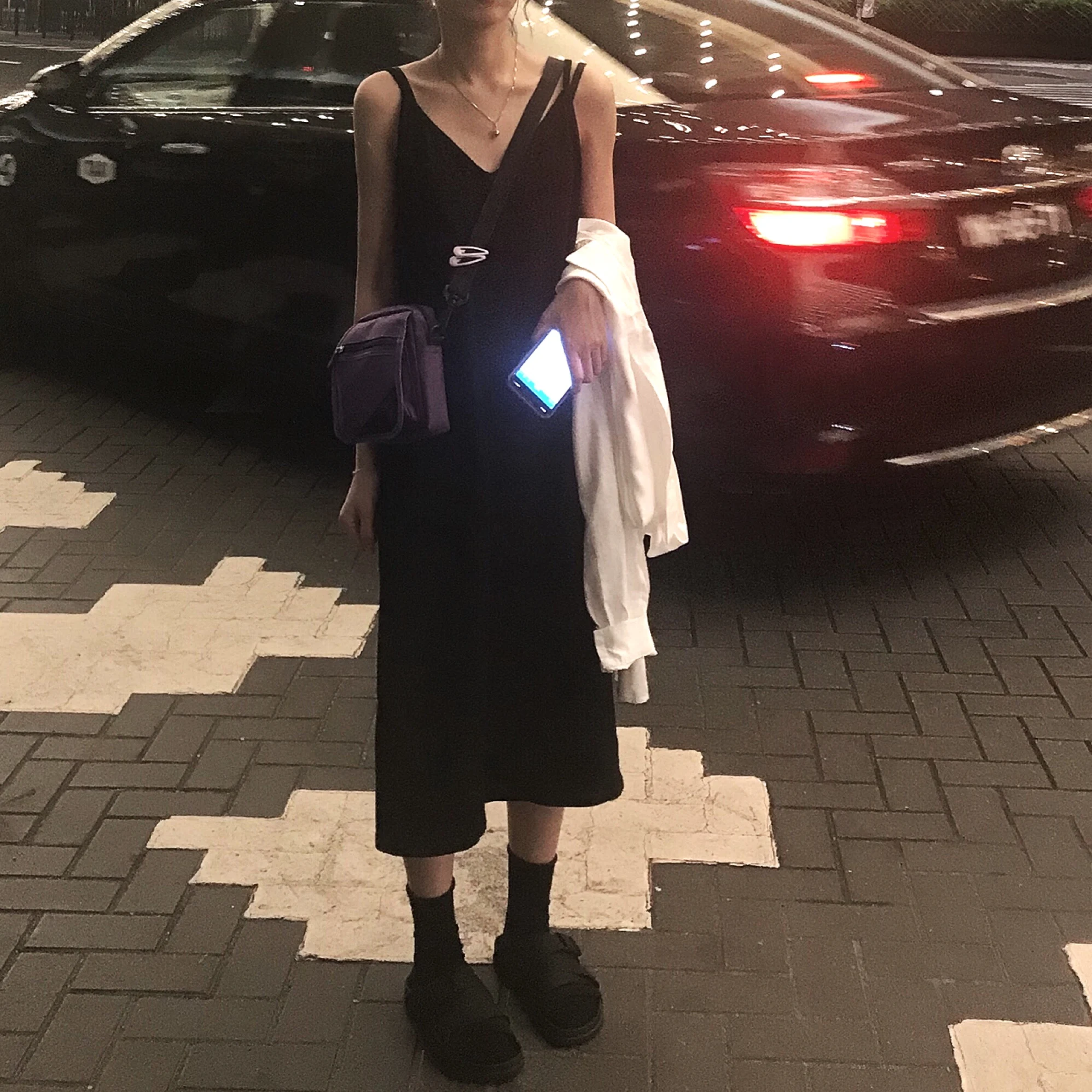 

Suspender Skirt Loose Mid Length Sleeveless V-neck Solid Dress