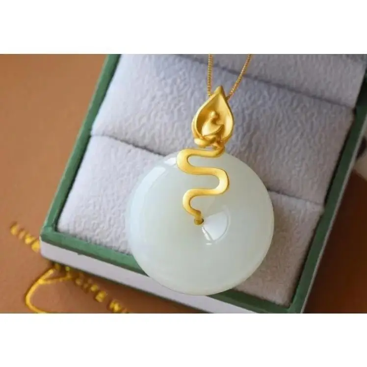 

Natural Hetian Jade White Jade Safety Buckle Pendant S925 Sterling Silver Ancient Gold Inlaid Fashionable Simple Elegant Gift