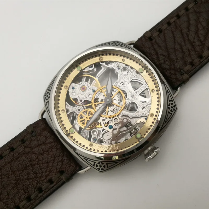

Vintage Carved Skeleton Manual Mechanical Men's Watch Luminous Waterproof Stainless Steel Men Watch Business Leather Male Clock