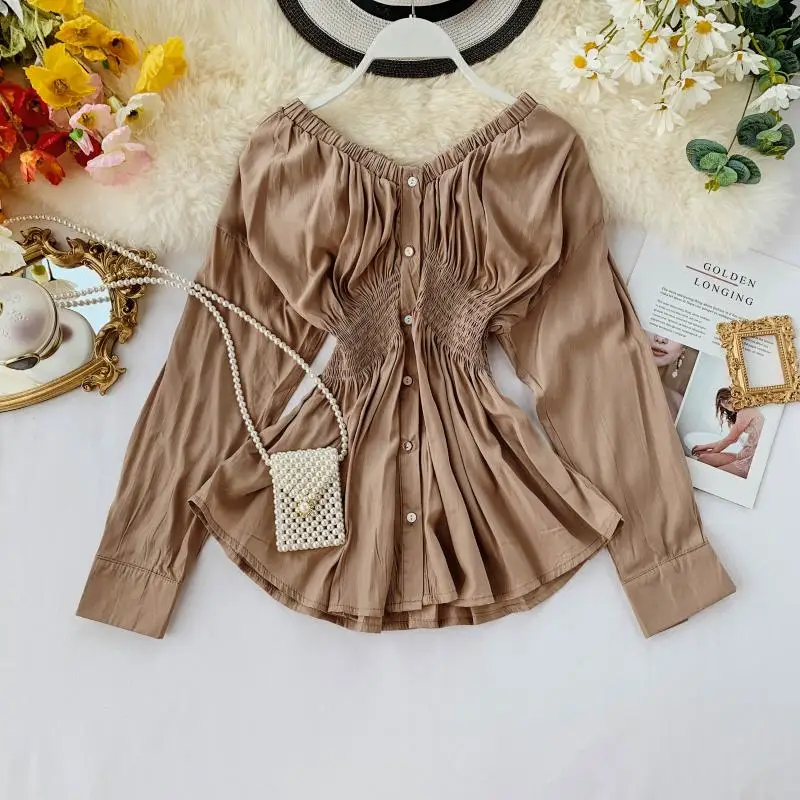 2019 Новая модная женская блузка с вырезом лодочкой тонкая талия темпераментная