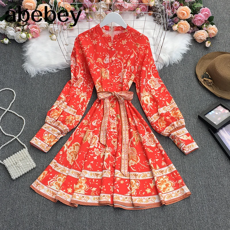 

Женское плиссированное платье-трапеция, винтажное платье с круглым вырезом, рукавами-фонариками, высокой талией, поясом и цветочным принто...