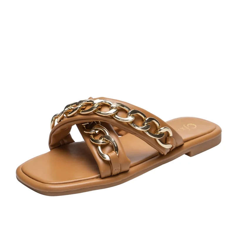 

2021 Women Slippers Personalized Cross-chain Design Flat-bottomed Slippers Outdoor Women Flat Sandals Flat Heel Woman Shoes
