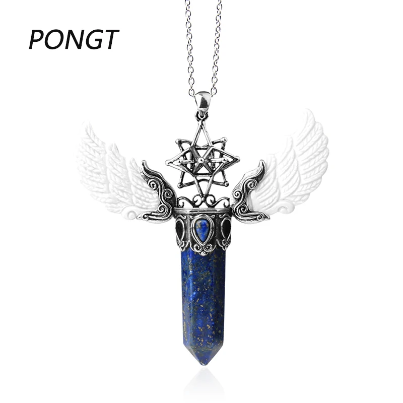 PONGT doğal taş büyük melek kanatları kolye kolye Merkaba altıgen kristal kolye Opal Lapis Lazuli Vintage takı