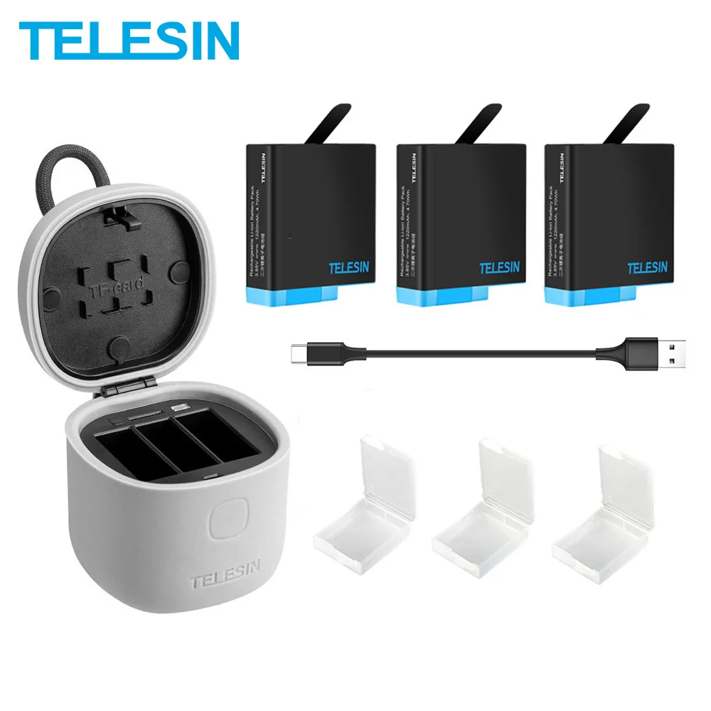 TELESIN 3PACK 1220mAh Battery 3 Slots LED Light Fast Charger TF Card Reader Storage Charging Box for GoPro Hero 8 7 6 5 Black