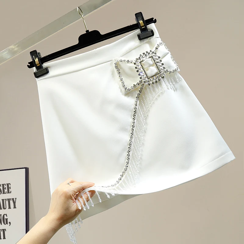 

Женская мини-юбка, асимметричная юбка А-силуэта, с бусинами, бахромой и бантом, весна-лето, 2021