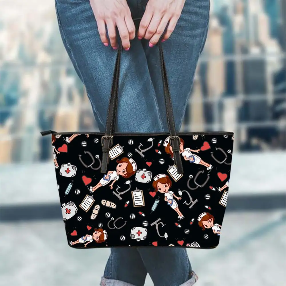 

FORUDESIGNS Cartoon Nurse Print Cute Women Bags Handbags Nursing Black Ladies Pu Leather Tote Shoulder Bags Luxury Bolsa Femina