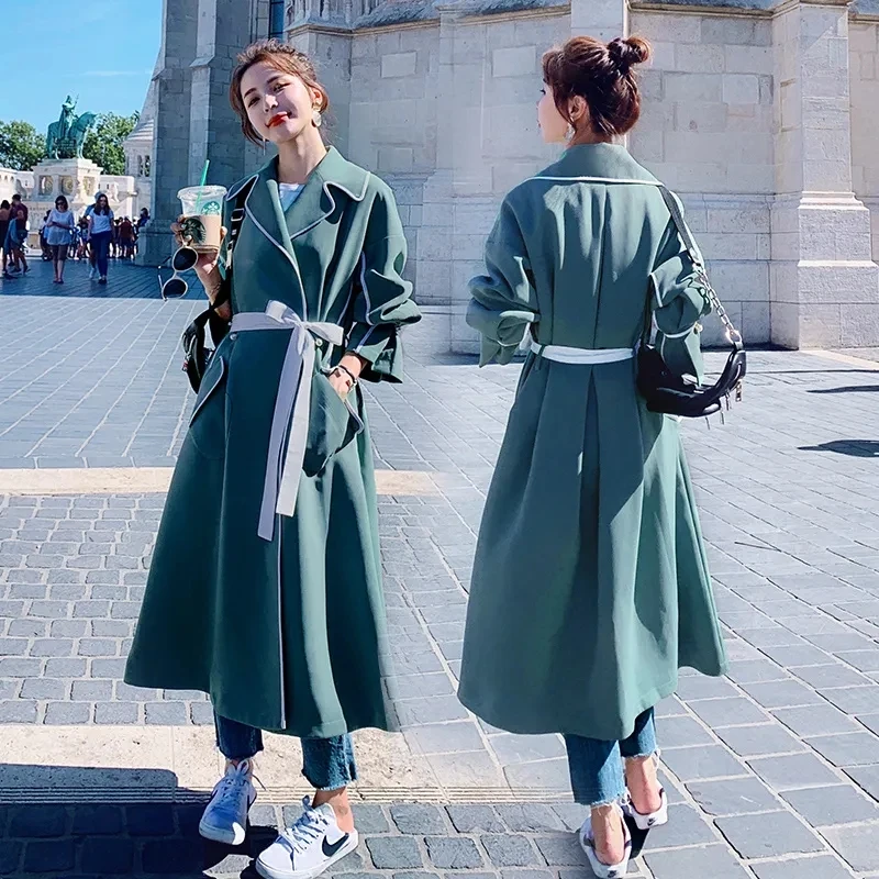 

Женская Длинная ветровка, новая весенне-осенняя одежда 2021, пальто средней длины XL, 4XL, топ в британском стиле с поясом, Женская куртка A14