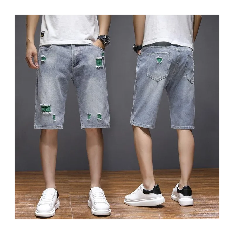 

Summer New Mens Loose Straight Ripped Denim Shorts High Quality Plus Size Light Blue Hole Jeans Short -40