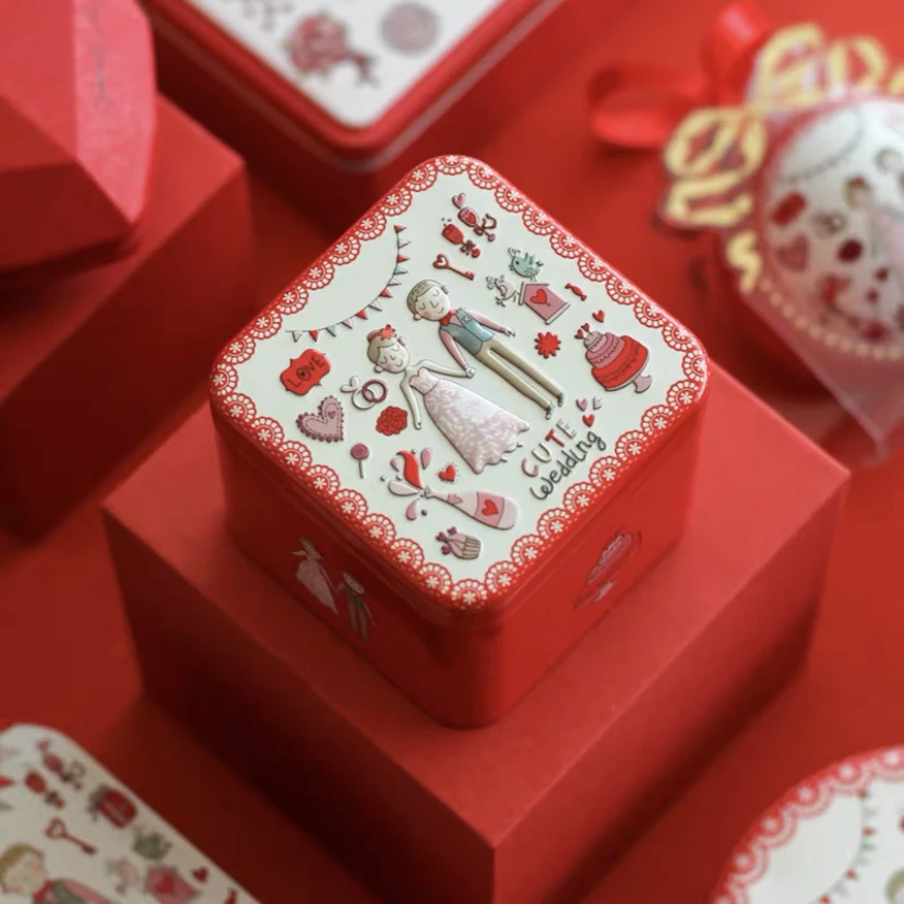 

Hot Sale Small Size Bride And Groom Wedding Ceremony Gift Square Tin Metal Candy Favor Box